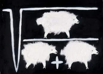 Kloning: En matematisk symbol som representerar beräkningar med kvadratrot, division och addition, med ett får som försöksdjur. Collage av vit bomull mot svart bakgrund.