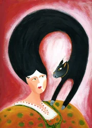 Strega del Tchesal (Chiesale): häxa som förvandlas till en katt för att spionera på män. Illustration av Patrizia La Porta.