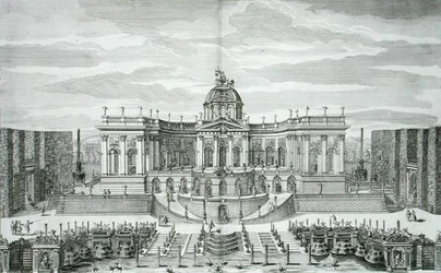 Den stora grottan och fontänträdgården vid Princely Pleasure Palace and Gardens, Berlin, graverad av Johann August Corvinus (1683-1738), publicerad c.1711-16 (gravyr)