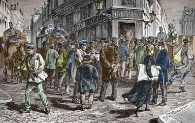Utsikt över Rue du Croissant i Paris, säte för många tidningar