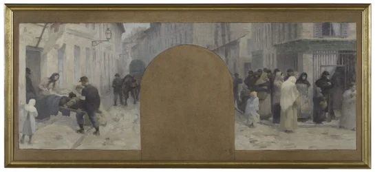 Skiss till Hôtel de Ville de Paris, prefektens kontor: Transport av sårade till ambulansen. Köer framför en butik under belägringen av Paris 1870