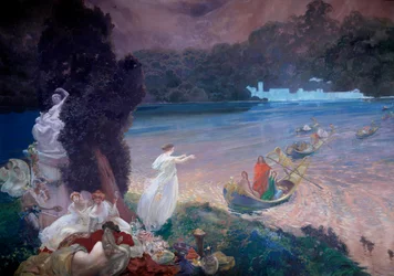 Happy Island: scen med fabel som föreställer båtar som går med gäster på en bankett på gräset. Detalj av en målning på tapet av Paul Albert Besnard (1849-1934). 1900. Paris, Dekorationskonst