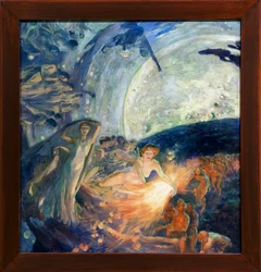 Sanningen som drar vetenskaperna för att belysa mänskligheten (Sanningen som tränar vetenskaperna följer den, ångrar sitt ljus mot människorna). Målning av Albert Besnard (1849-1934) - Sanning följt av vetenskapen och bringande ljus till mänskligheten - Mu