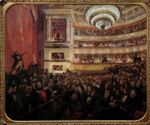 Premiären av Hernani Premiärrepresentation av stycket "" Hernani"" av Victor Hugo (1802-1885) på Comedie Francaise den 25/02/1830. Målning av Paul Albert Besnard (1849-1934) 1800-talets sön. 1,05x1,22 m Paris, hus Victor Hugo