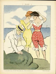 Illustration av Paul Balluriau (1860-1917) i Le Rire, 01/08/08 - Stränder - Fritid, Kärlek, Mode, Maritim Marine Seaside, Badkläder