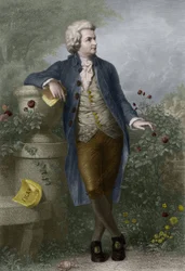 Porträtt av Wolfgang Amadeus Mozart (1756-1791) i Salzburg. Graverad av Paul Barfus (1823-1895).