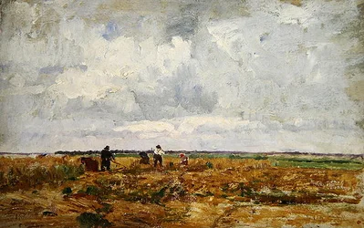 Ett Dachau-landskap med bönder och kvinnor som arbetar på marken (olja på kartong)
