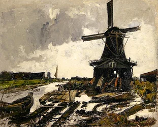 Holland, A Canal Landscape with a Wood Saw Windmill, c.1885 (olja på duk)