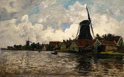 Holland, flodlandskap med två väderkvarnar (olja på trä)