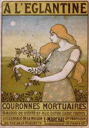 Livsstil. Till den vilda rosen, handel med begravningskransar, blomsterhandlare. Reklam av Paul Berthon, Frankrike, ca 1900 (affisch).