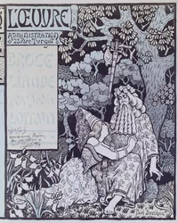 Trollkarlen Merlin och älvan Vivien i Broceliandeskogen, från "Broceliande", en pjäs av Jean Lorrain (1855-1906) ca 1900 (träsnitt)
