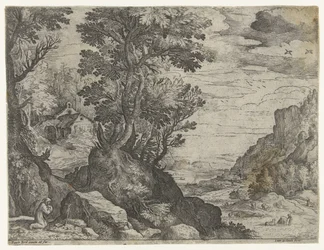 Bergslandskap med en bedjande eremit
