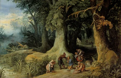 Vapenattack i en skog En grupp motorvägsbanditer. Målning av Paul Bril (Brill) (1554-1626)
