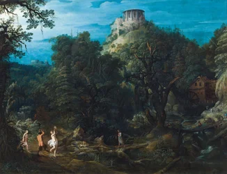 Ett landskap med tät skog och Vesta-templet vid Tivoli samt en satyr och nymfer som dansar i en dal (olja på koppar)