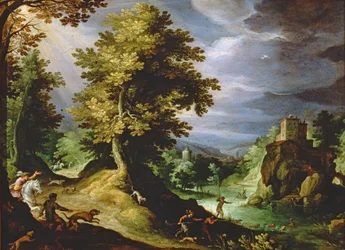 Landskap med en hjortjakt, 1591