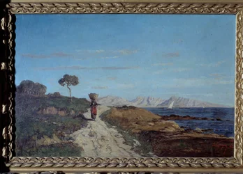 Runt Marseille 1866: havslandskap med kvinna som bär en korg på huvudet och går på en väg. Målning av Paul Camille Guigou (1834-1871). 1866. Nyfiken. Perigord Museum