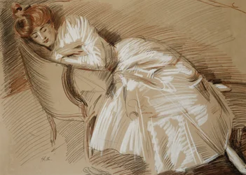 Madame Helleu lutad på en schäslong,