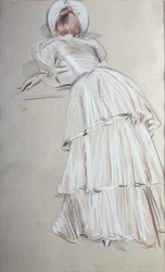 Kvinna som står lutad bakifrån (pastell)