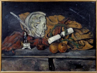 Cezannes tillbehör. Stilleben med medaljong av Philippe Solari Målning av Paul Cezanne (1839-1906) 1873 Sön. 0,6x0,8 m Paris, musee d