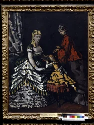 Interiör med två kvinnor och ett barn. Målning av Paul Cezanne (1839-1906), cirka 1861. Olja på duk. Sol: 91x72cm. Impressionism (postimpressionism). Pushkin-museet, Moskva.