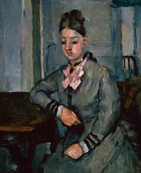 Madame Cezanne lutad mot ett bord, ca 1873 (olja på duk)