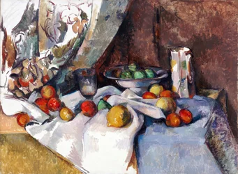 Stilleben med äpplen. Målning av Paul Cezanne (1839-1906), olja på duk