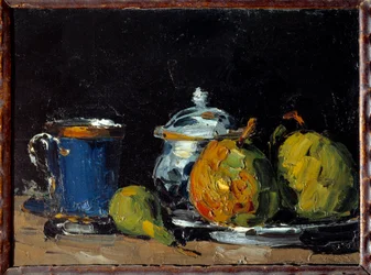 Sockerskål, blå kopp och päron Målning av Paul Cezanne (1839-1906) 1866 Aix En Provence. Granets museum