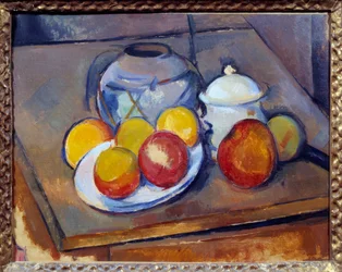 Vashalm, sockerskål och äpplen Målning av Paul Cezanne