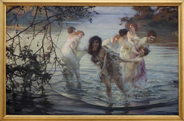 Glada ebats. Unga kvinnor har roligt när de simmar i vattnet i en flod. Målning av Paul Emile Chabas (1869-1937), olja på duk, cirka 1899. Museum of Fine Arts i Nantes.