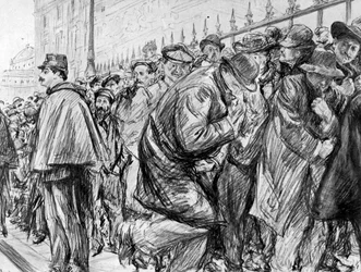 Kö utanför Justitiepalatset under rättegången mot Marguerite Steinheil, Paris, Frankrike, 1909