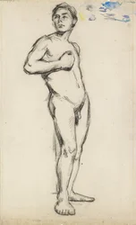 Akademisk studie av en naken man med höger hand knuten över bröstet, 1865