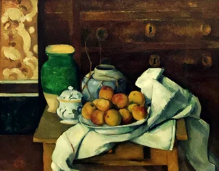 Franska:  Nature morte à la commode Stilleben med byrå