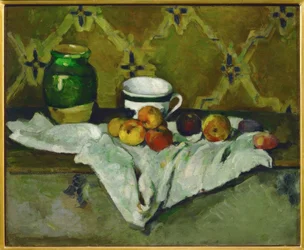 Stilleben (keramik, kopp och frukter