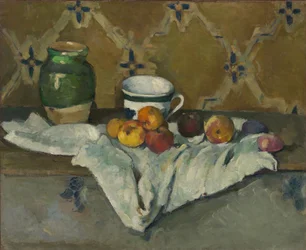 Stilleben med burk, kopp och äpplen, c.1877