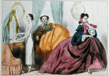 Tecknad film som satiriserar krinolinens mode, ca 1860 (lito i färg)