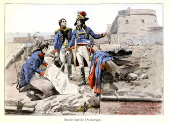 Hoche befäster Dunkirk: År 1793 försvarar generalofficeraren Lazare Hoche (1768-1797) Dunkirk mot britterna genom att göra staden för svår för fiender att köra - illustration av Emile Boutigny (1853-1929) I "Hoche-Marceau-Desaix ” av Theodore