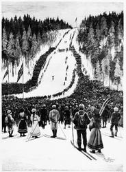 Skidor: Det norska derbyt, skidloppet - teckning av Paul fisher, feb. 1900, Bibl. des Arts Deco.