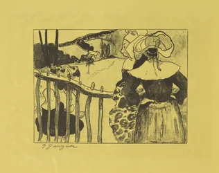 Bretonska kvinnor som står vid ett staket, 1889