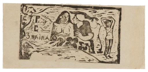 Byst av en naken kvinna och trekvartsfigur av en man med en vit mössa i profil, tredje liten figur längst till höger, huvudstycke för Le sourire
