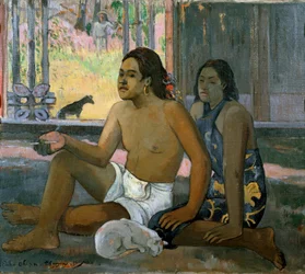 Eiaha Ohipa (Arbeta inte. Tahitianer i ett rum). Man och kvinna från Tahiti tar en pose i ett hus. Vid deras fötter sover en vit katt. Målning av Paul Gauguin (1848-1903)