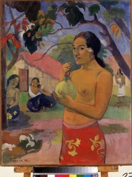 ""Eu haere ia oe"" Vart ska du? (Woman Holding a Fruit. Where Are You Going?) (Tahitiansk kvinna som håller en frukt) Målning av Paul Gauguin (1848-1903). Olja på duk. Postimpressionism. 1893. Mått 92 x 73 cm Eremitagemuseet, Sankt Petersburg (Saint-Peters