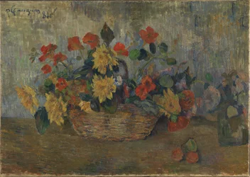 Franska: Capucines et dahlias dans une corbeille, ou Corbeille de fleurs Nasturtiums och dahlior i en korg