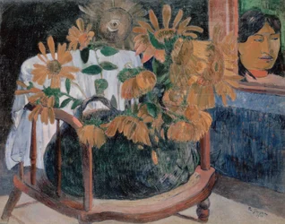 Franska: Nature morte avec des tournesols sur un fauteuil (II) Solrosor