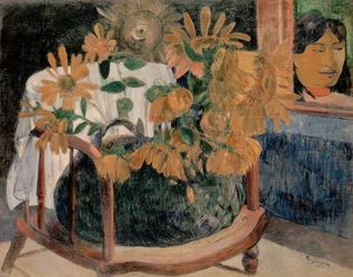 Franska: Nature morte avec des tournesols sur un fauteuil (II) Solrosor