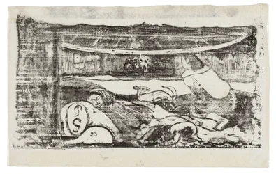 Interiör av en Tahitian Hut, från Suite of Late Wood-block Prints