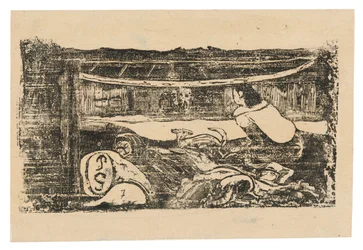 Interiör av en Tahitian Hut, från Suite of Late Wood-block Prints