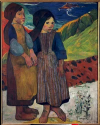 Små bretoner före havet Målning av Paul Gauguin (1848-1903) 1889 Sön. 0,92 X 0,73 m. Tokyo. Nationalmuseet för västerländsk konst