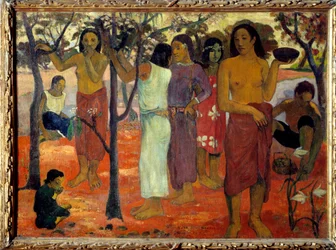 Nave nave mahana (Delicious Days). Tahitiska kvinnor i en trädgård. Målning av Paul Gauguin (1848-1903) 1896 Sön. 0,94 x 1,3 m Lyon, musee des Beaux Arts - Nave Nave Mahana även känd som "" Delicious Day"". En grupp tahitiska kvinnor i en trädgård. Målning