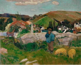 Bönder, grisar och en by under klar himmel (olja på duk)