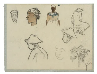 Skisser av figurer och bladverk (recto); Profil av Charles Laval med palmträd och andra skisser (verso)